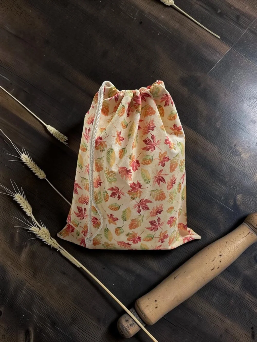 Fall Leaves Cotton Bread Bag with Matching Mason Jar Bonnet & Tea Towel